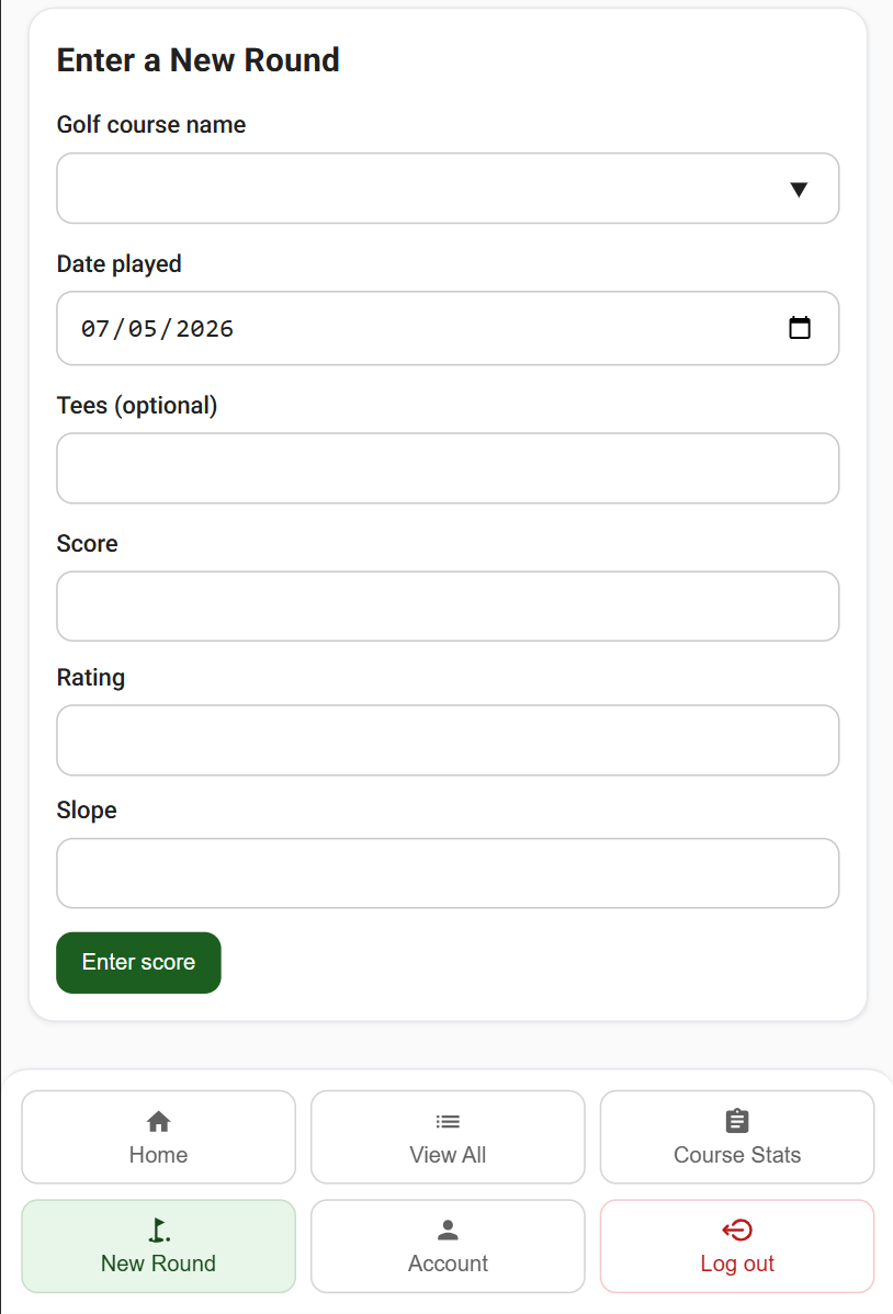 Round entry screen for logging a new golf score